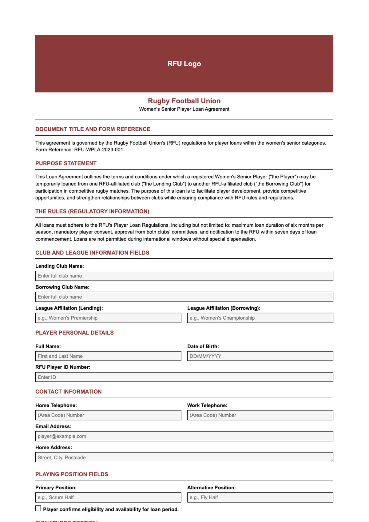 Official Rugby Football Union womens senior player loan agreement form 2012 2013_variant_1